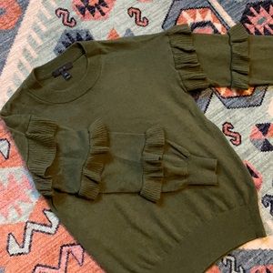 Jcrew olive green wool sweater with ruffle sleeves